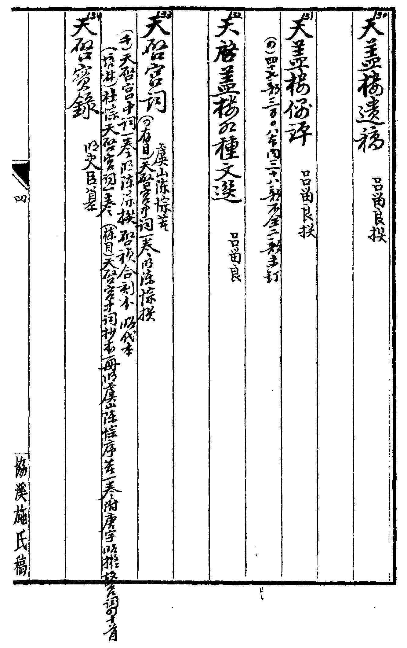 天潮閣集 天潢譜 天蓋樓四書語録 天蓋樓遺稿 天蓋樓偶評 天蓋樓各種文選 天啓宮詞 天啓實録 天啓古文 天平集 天下名家詩觀 天垣疏略 天聽樓偶興 天元玉曆 天元玉曆祥異賦 天崇文讀本 天問閣文集 天傭子集 天外談 天然瞎堂詩集 天然和尚語録 天風堂集