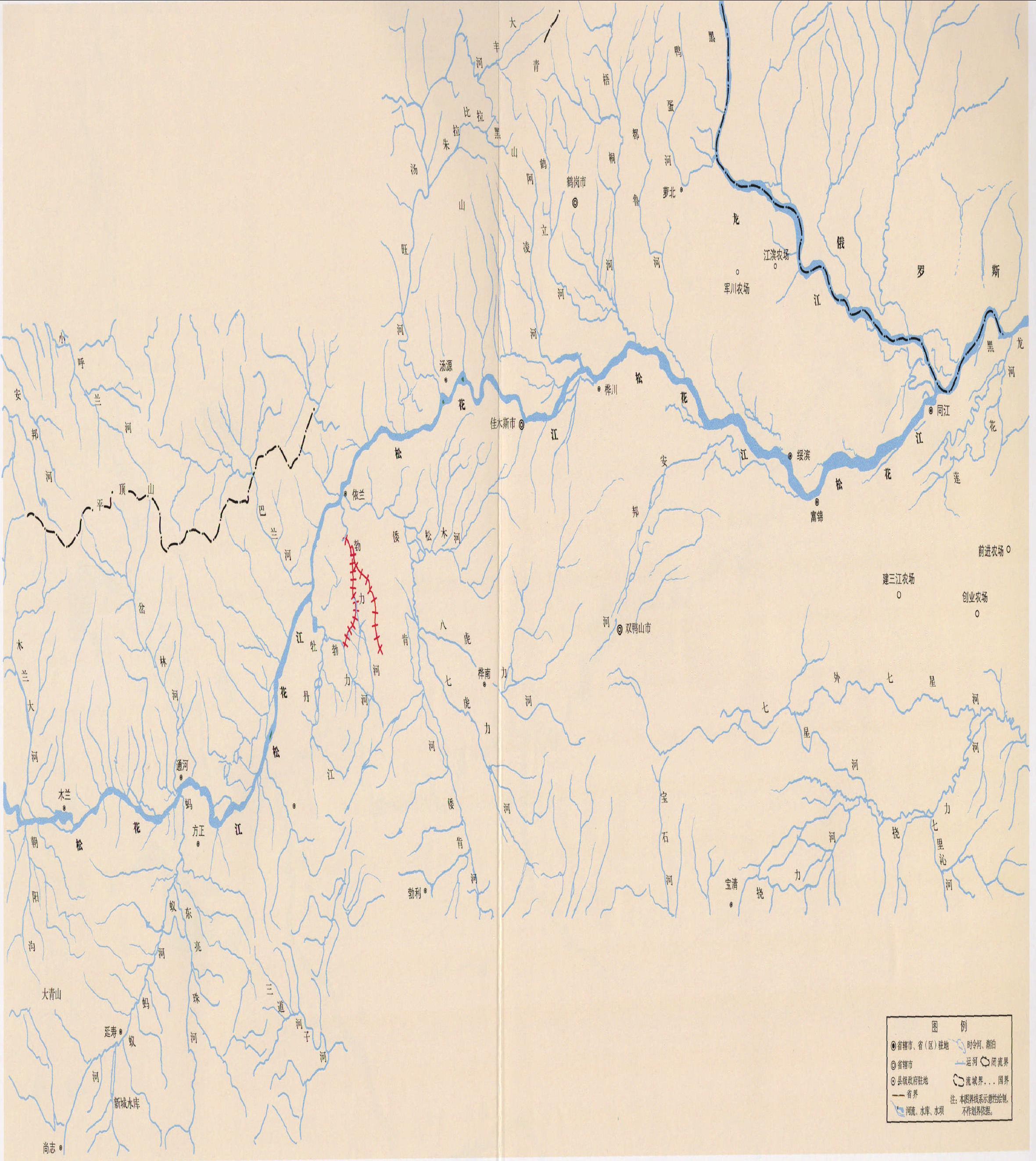 松花江下游三江平原水系示意圖